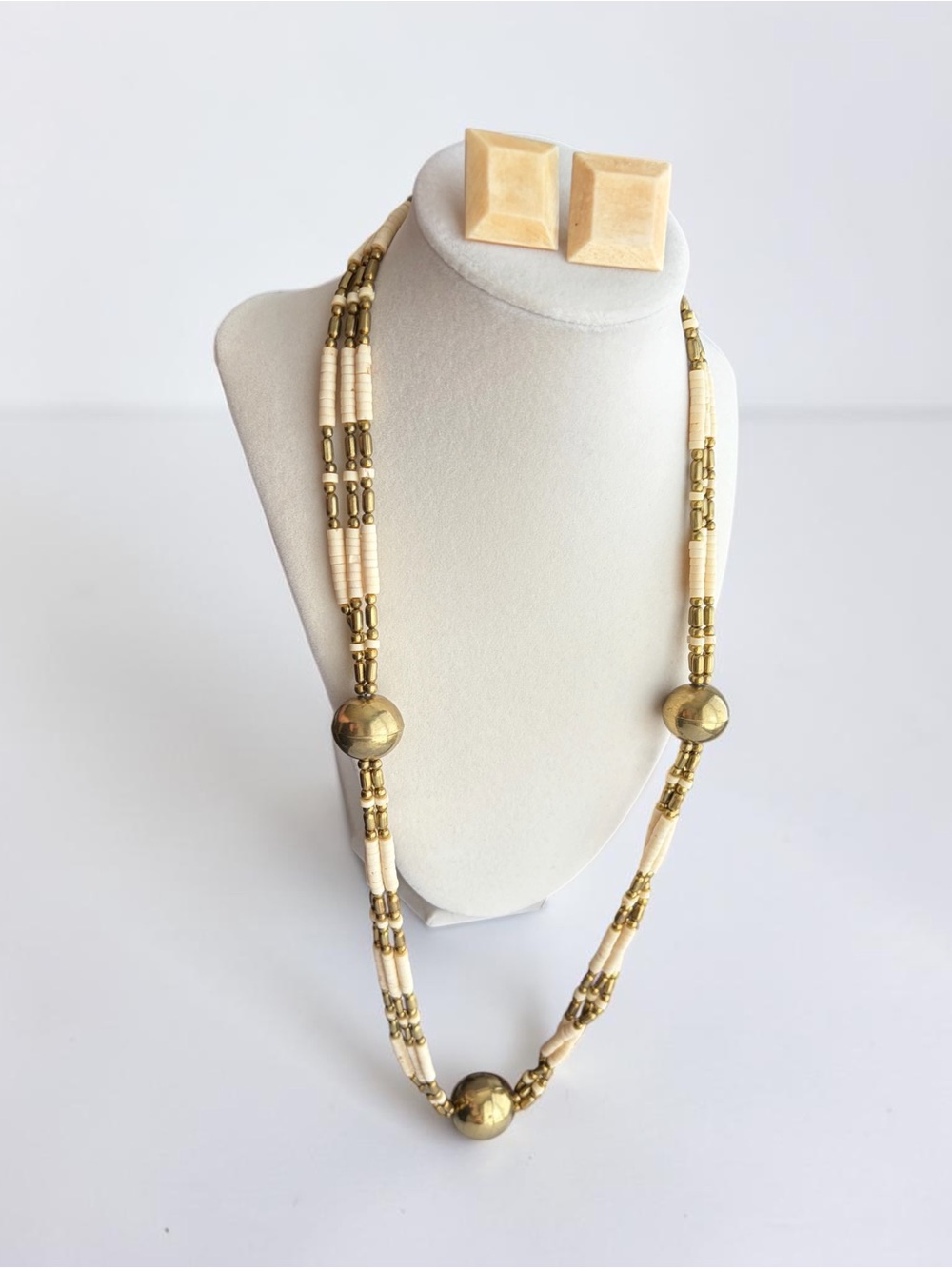 Vintage 1970s Carved Bone & Brass 3-Strand Necklace & Earrings Set